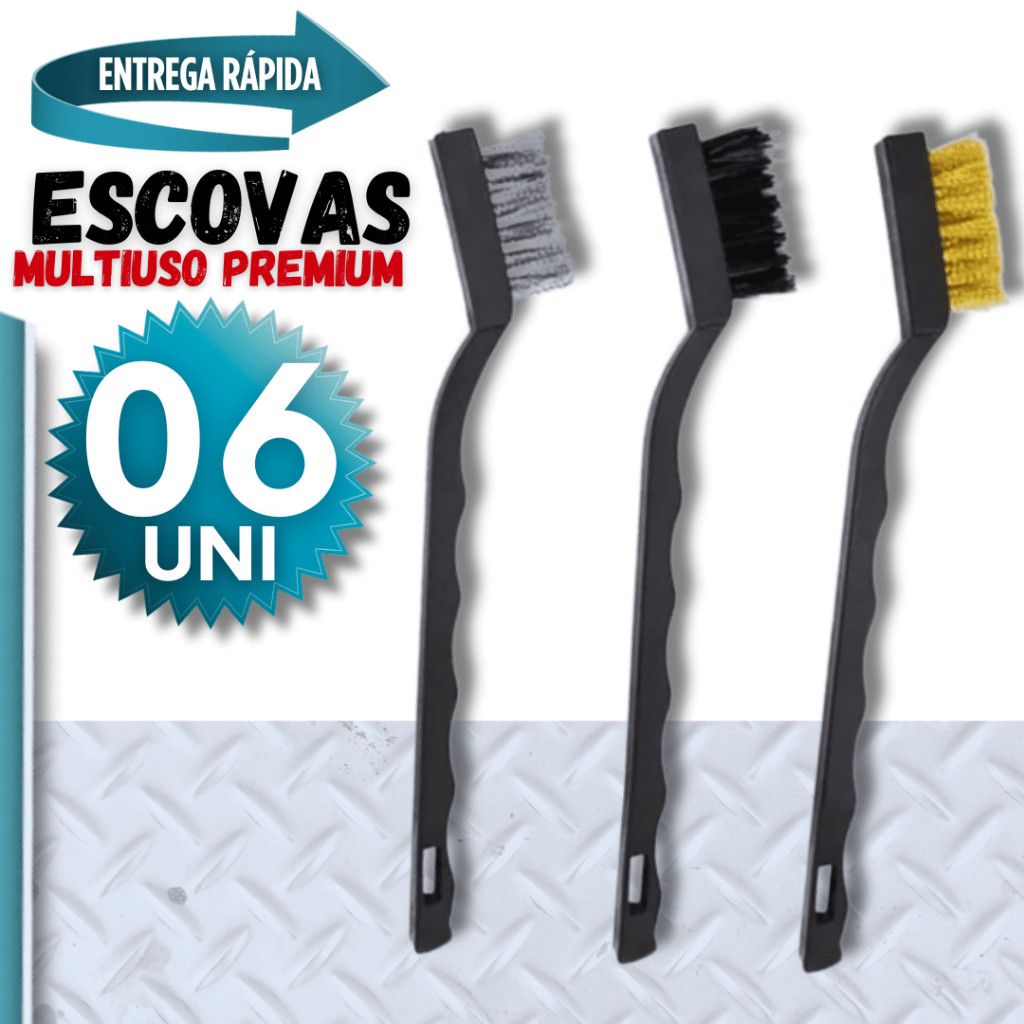 Kit 06 Unidades - Escovas de Aço Multiuso  Aço Latão Nylon Cabo Plástico  Utilidades Variáveis Grelhas Serralheria