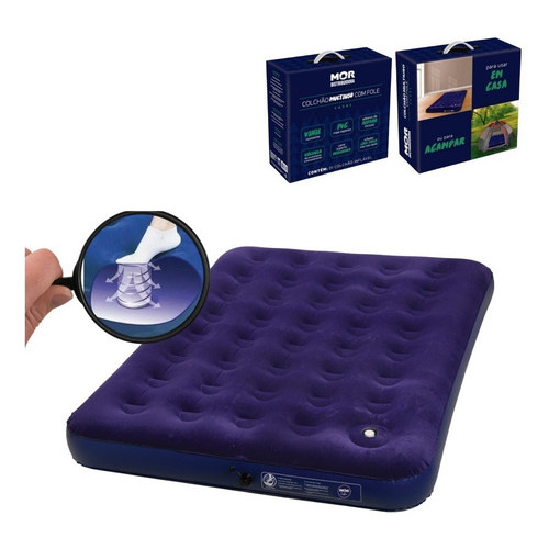 Colchão Inflável Casal Mor 1,37x1,91x22cm com Fole Inflador Embutido PVC Reforçado Visita Camping praia Cor: Azul