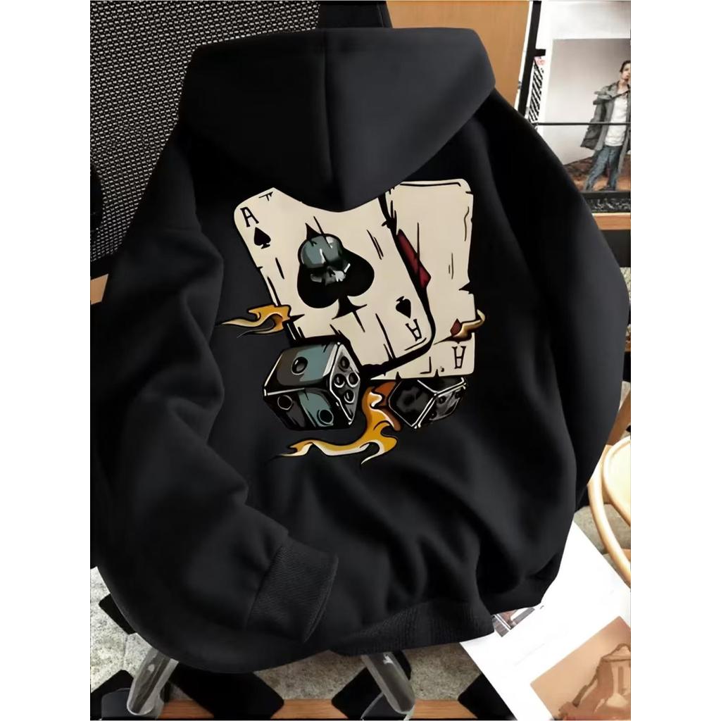 Blusa Casaco Moletom Frio Canguru Bolso Capuz Streetwear Casual Masculino Unissex Estampa Cartas Dado Fogo Hot Az Espada