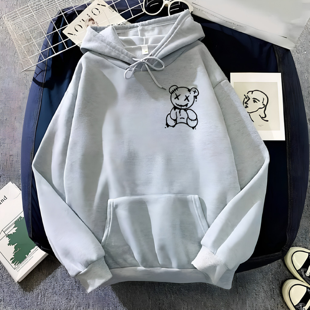 Blusa Moletom Capuz Canguru  Urbano Algodão Estampado Casual Unissex Promoção Quentinho Frio Bege Urso