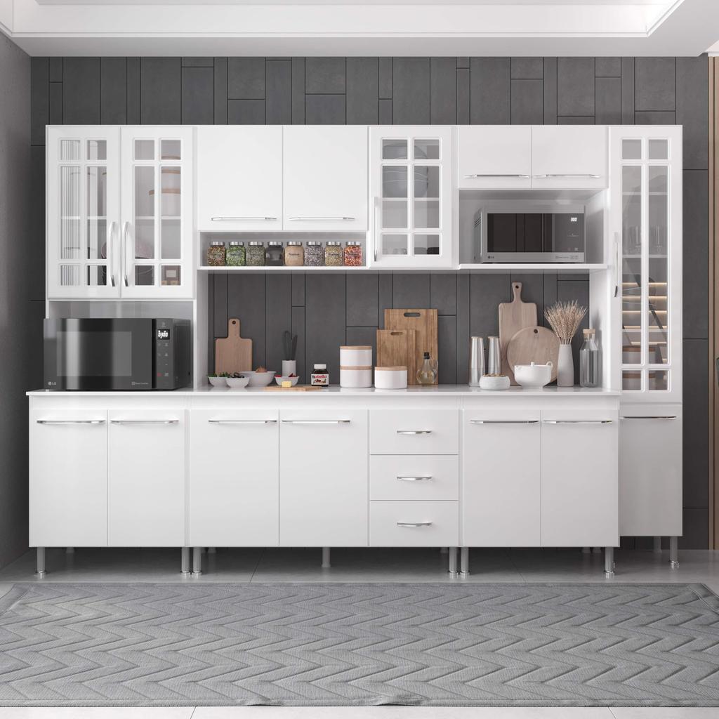Cozinha Modulada Completa Fidelitá Viena 6 Peças 295cm 15 Portas 3 Gavetas Com Tampo Branco em Oferta na Shopee