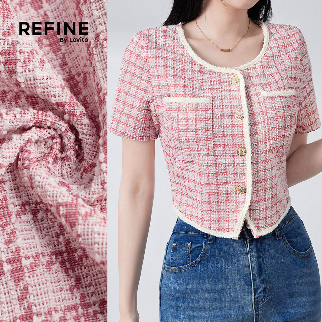 (Refine by Lovito) Blusa Casual Jacquard Botão Frontal Primavera/verão Blusa Rosa para mulheres. LR32E376 em Oferta na Shopee