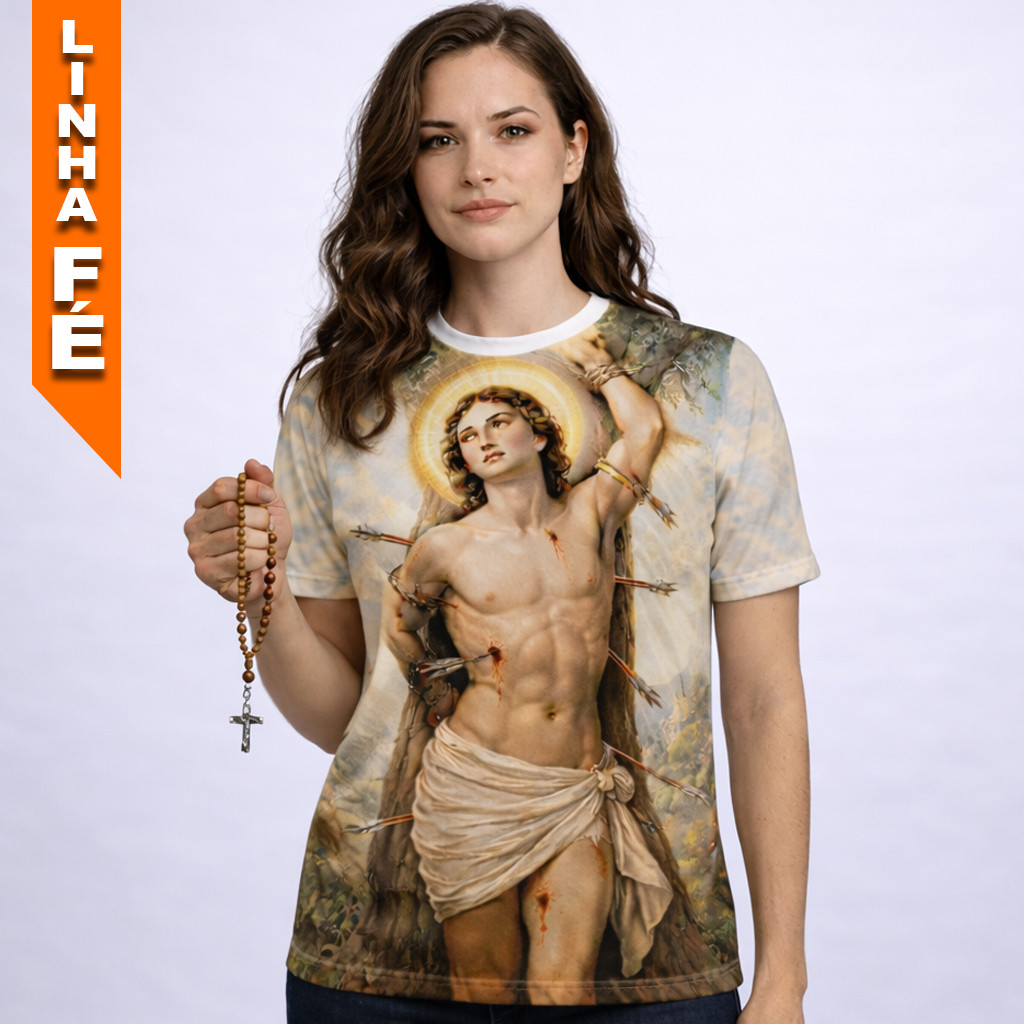 Camiseta Católica São Sebastião Devocional Oração nas Costas Estilo Total Print