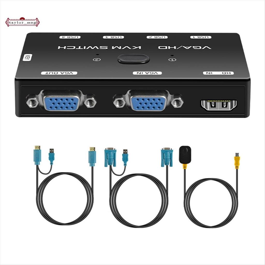 KVM Switch VGA +-Compatível 1080P Com Porta USB 2.0 Para 2 Hosts Compartilhando Mouse Teclado Monitor