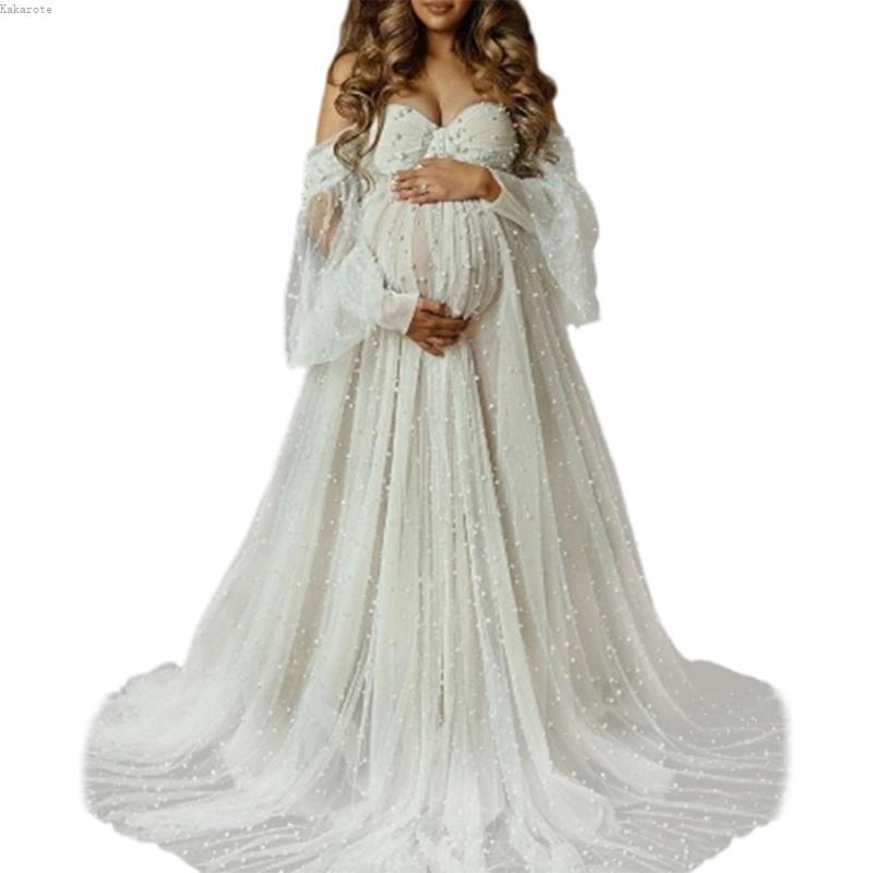 Vestido Maternidade Cintura Elástica Para Fotografia Profissional Poliéster Respirável Bainha Longa