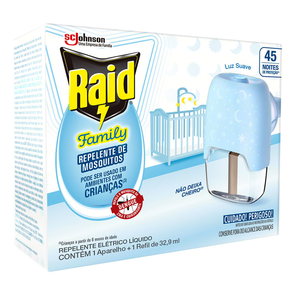 Repelente Elétrico Líquido Raid Family 45 Noites Aparelho + Refil 32,9 ml em Oferta na Shopee