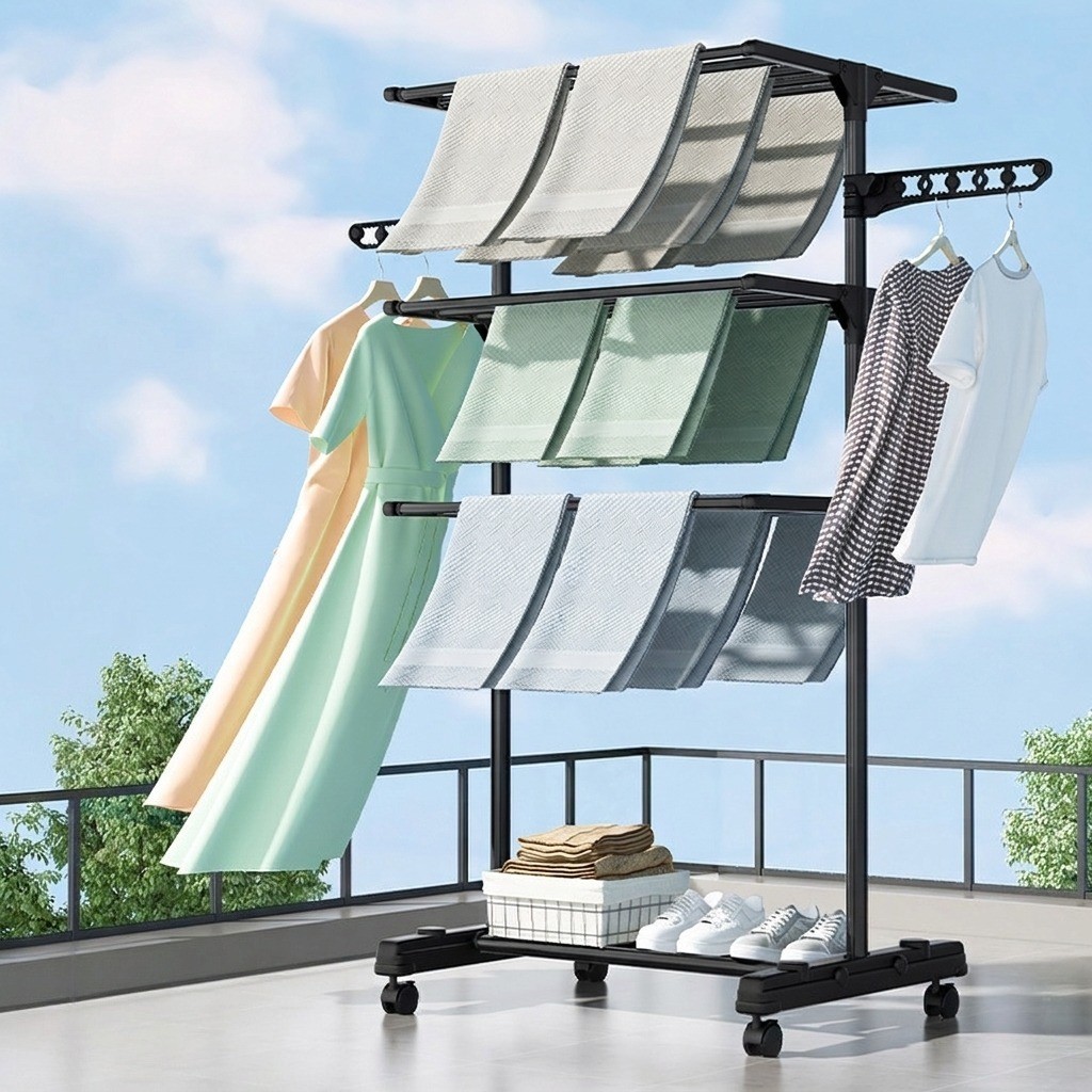 Rack de secagem portátil dobrável de três camadas removível empilhamento haste de roupas colcha de secagem