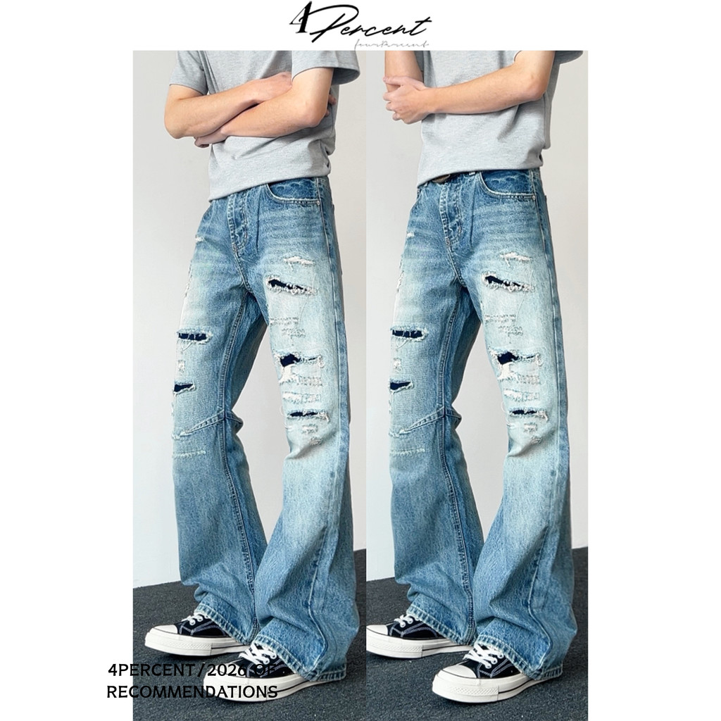 4PERCENT American High Street Knife Cut Patch Rasgado Reto Levemente Flap Jeans vintage Casual Calças Compridas