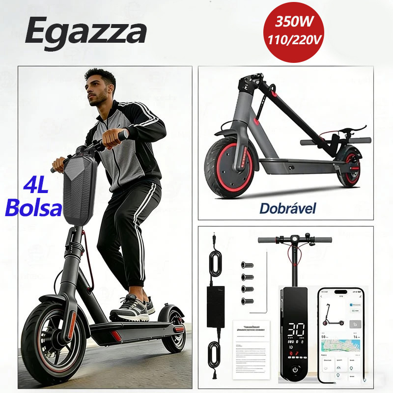 Patinete Elétrico Adulto 350W 36V Bateria 7.5AH 30km Alcance Bluetooth Portátil Rodas 17