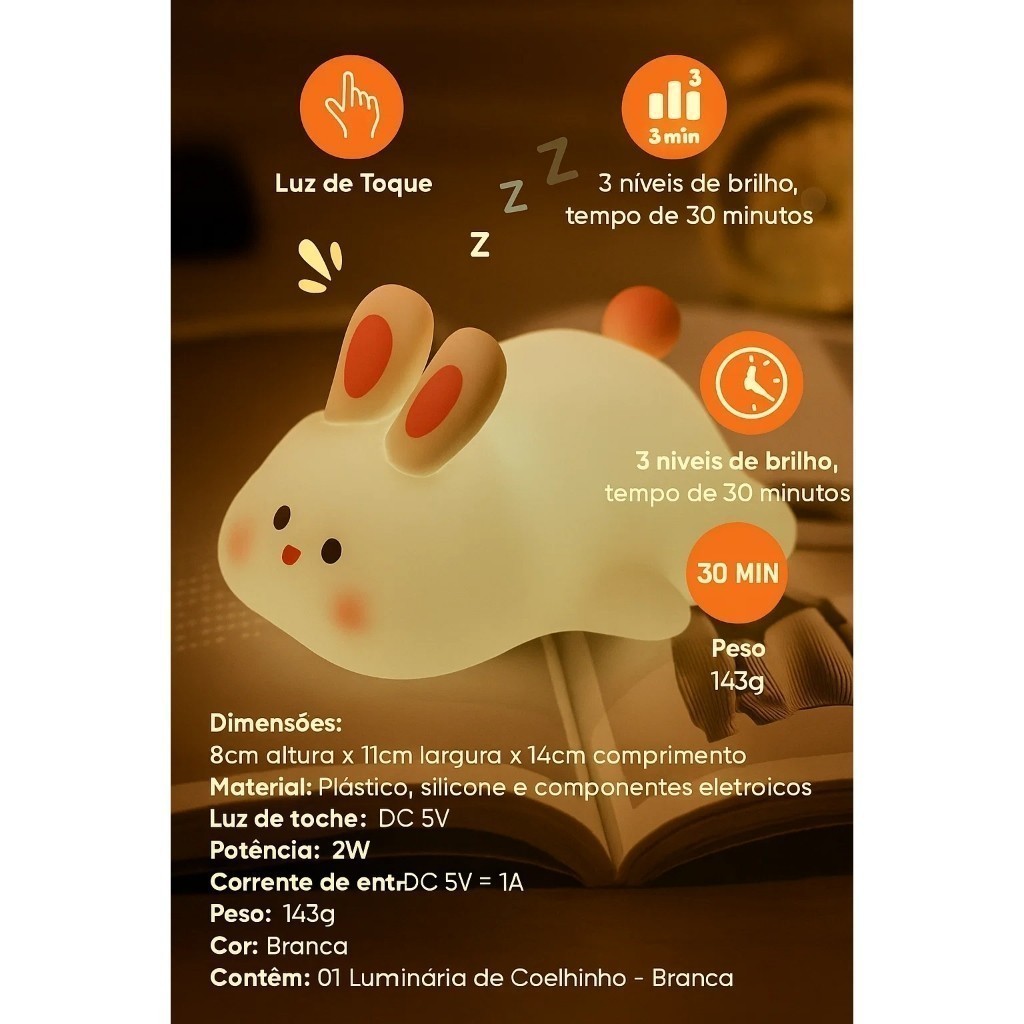 Luminária Coelhinho quarto bebê LED Infantil Branco Abajur Noturna Decorativa Achadinhos