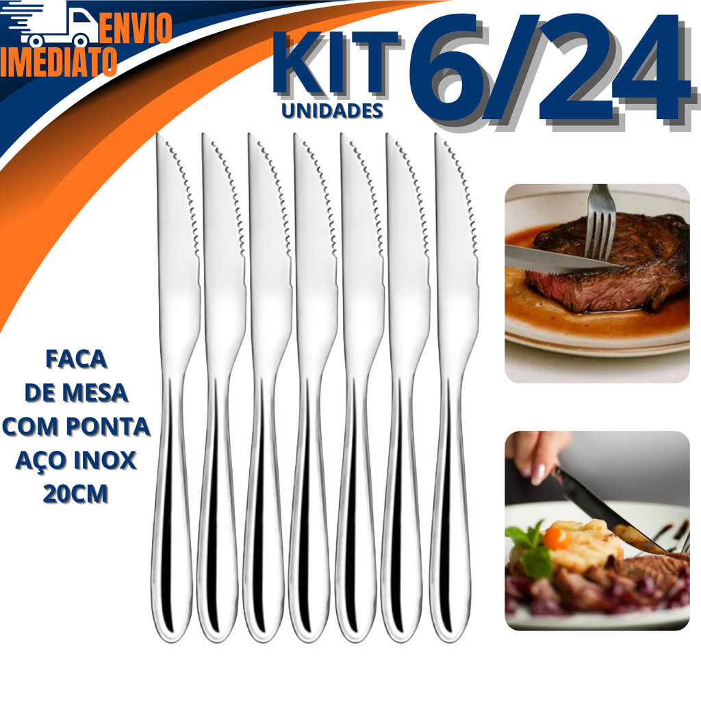 Faca De Mesa Inox 20cm 6/12/18/24  Com Ponta De Serra Ideal Para Cozinha Lanchonete Restaurante Buffet