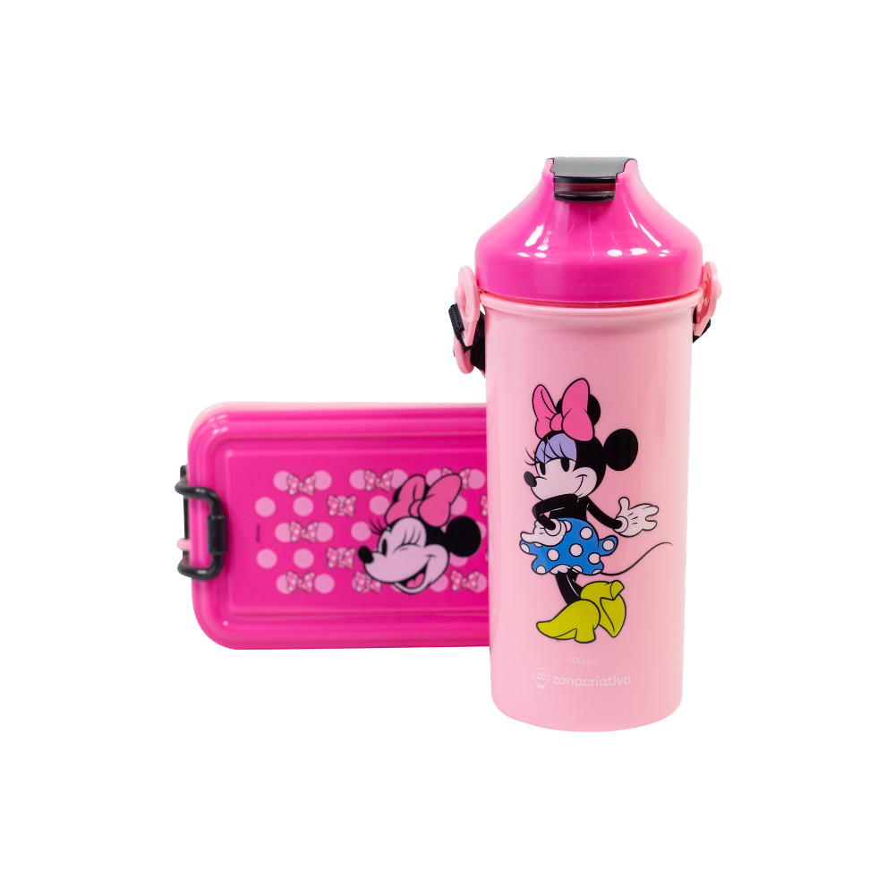 Kit Marmita Lancheira Garrafa Talher Minnie Mouse Zona Criativa Infantil Criança Escolinha Lunch Box