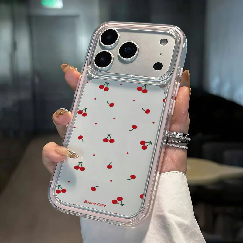 Capinha Transparente Cereja para iPhone Anti-choque Proteção de Câmera (11/12/13/14/15/16/17 Pro Max)