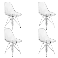 Cadeira Eames Cristal Transparente Eiffel Base Metal Cromado Sala Apartamento Cozinha Casa Confort