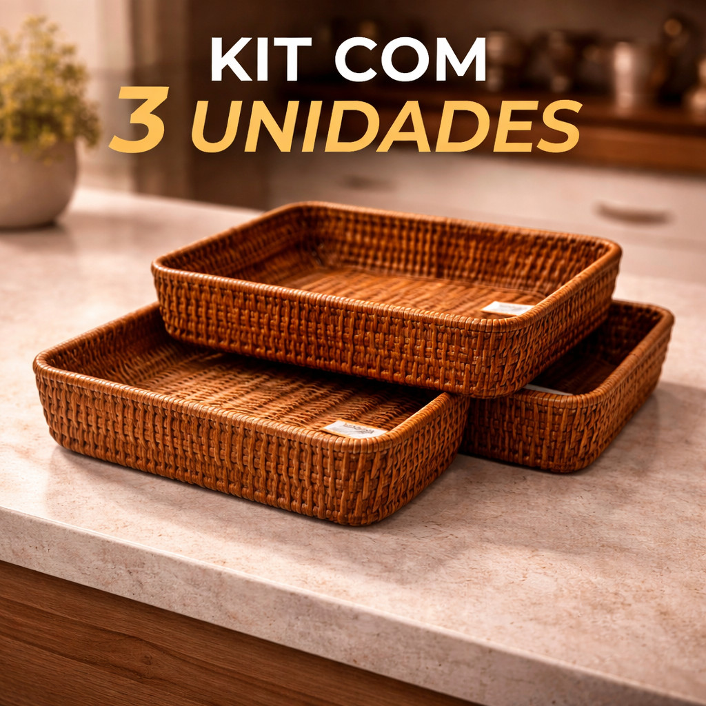 Kit 3 Cestos Tramados Vime Café da Manhã Bandeja Decorativa Gourmet Premium Hotel Pousada
