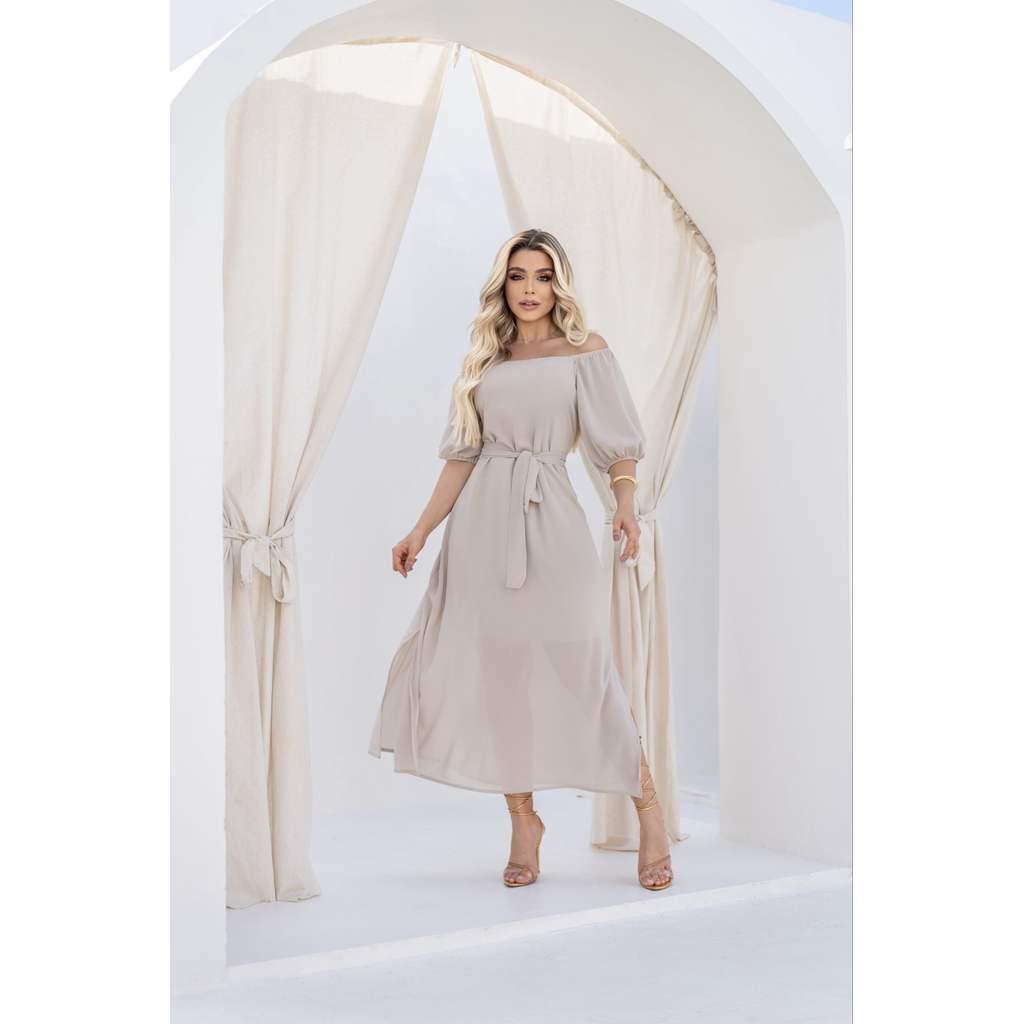 Vestido Paloma Midi em Crepe de Seda com Mangas Bufantes e Fendas Ref.215010300