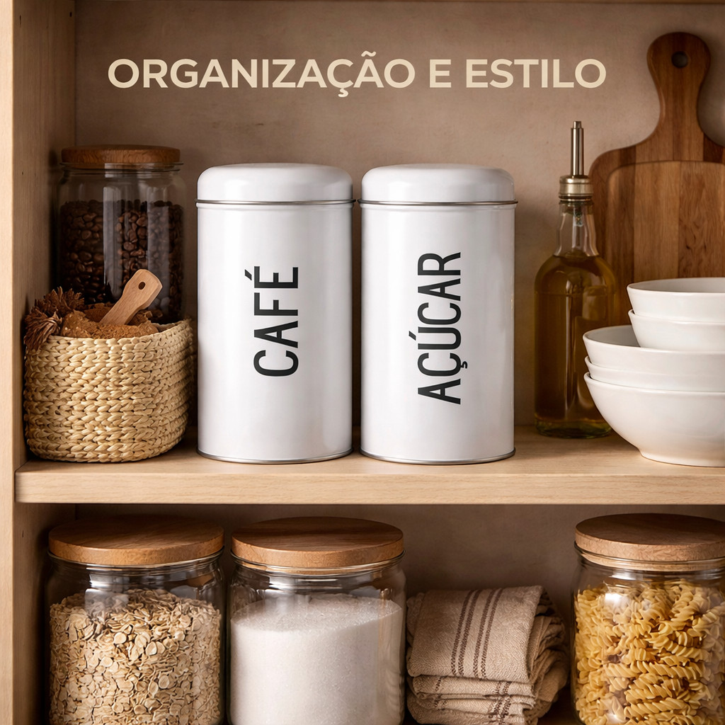 Kit Lata Café e Açúcar Metal Premium | Porta Mantimentos Cozinha Organizador Moderno Minimalista Gourmet