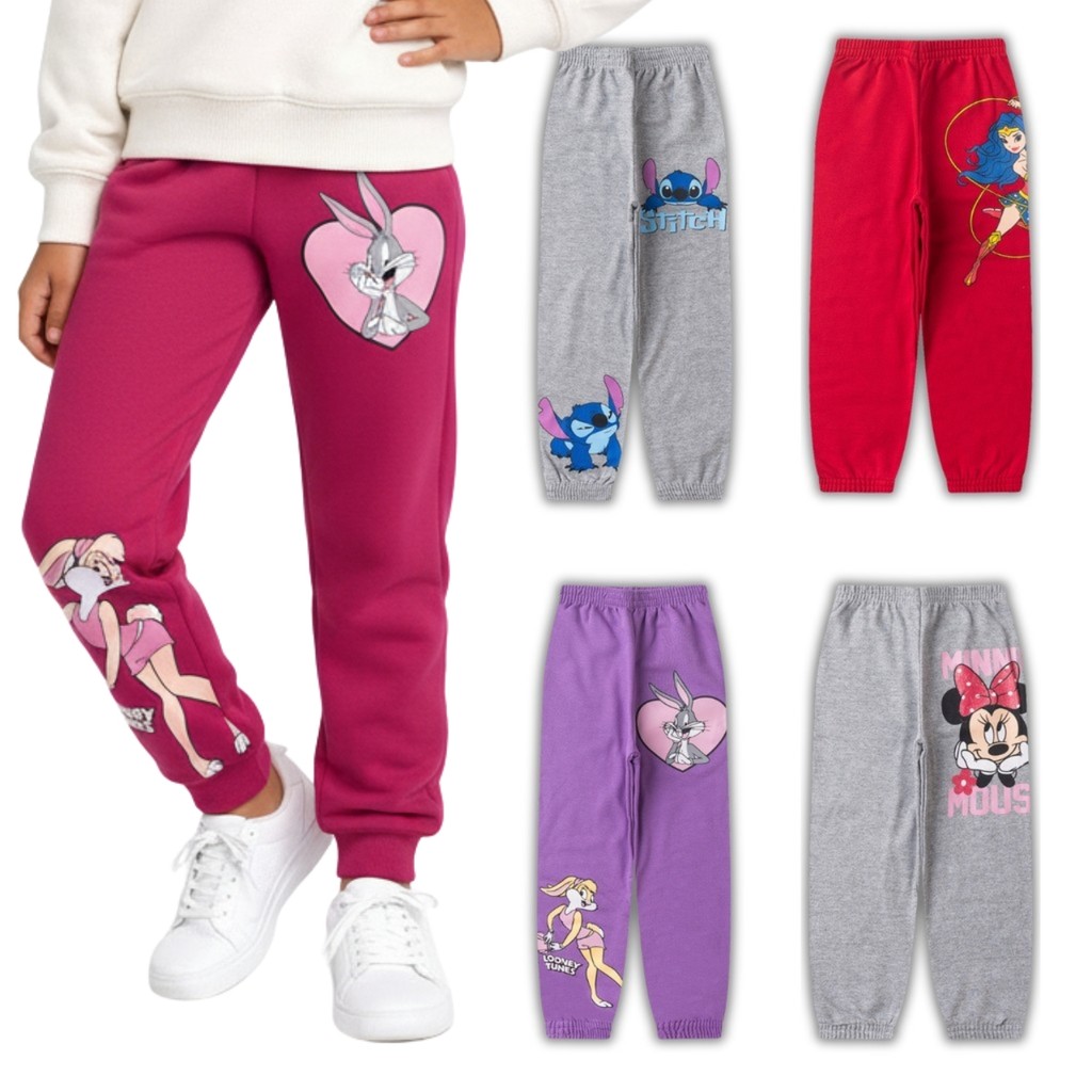 Kit com 4 Calças Moletom Infantil Menina Flanelada de Frio Personagens Feminino Minnie Stitch