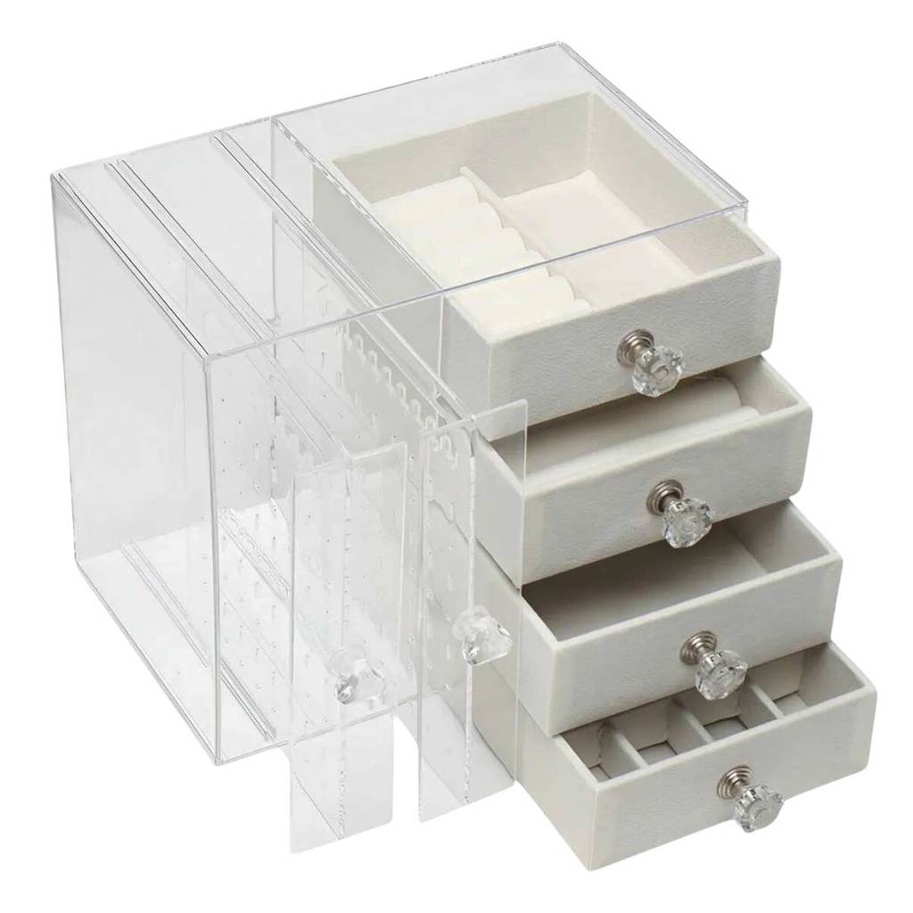 Porta Joia Expositor Organizador Bijuteria Acrilico 4 Gavetas Anel Brinco Pulseira Colar Caixa Luxo Transparente