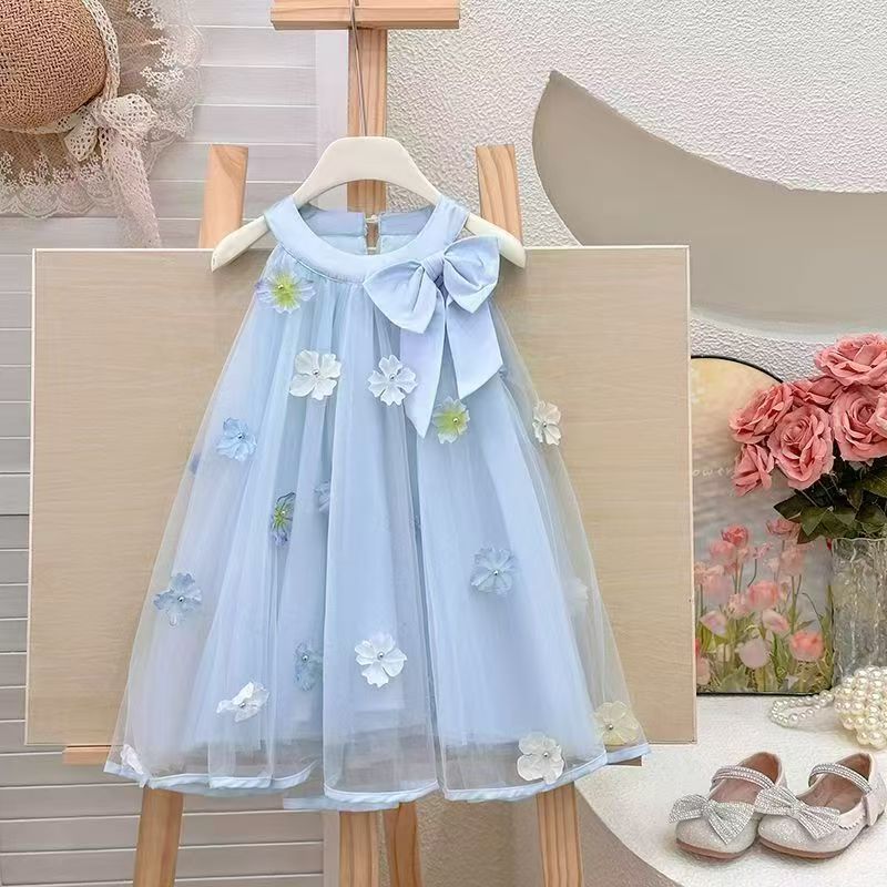 Em estoque (2-10 anos) vestido de tule para meninas, novo vestido de princesa com laço para o verão, vestido de aniversá