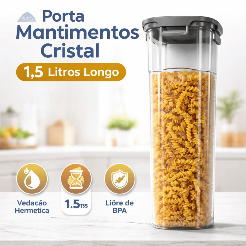 Porta Mantimentos Cristal 1,5L Longo Transparente - Lig Brin / Organizador Microondas Hermético