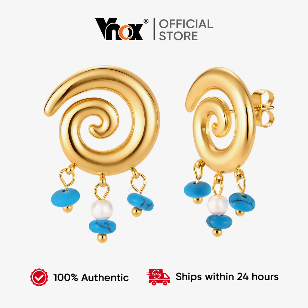 Brincos De Pérola Turquesa Com Padrão Espiral Vnox Para Mulheres , Joias Vintage Elegantes De Aço Inoxidável