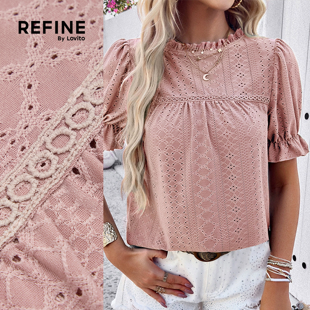 (Refine by Lovito) Blusa Elegante de Folhas Verdes Blusa Rosa Primavera/verão para Mulheres LR35L405 em Oferta na Shopee