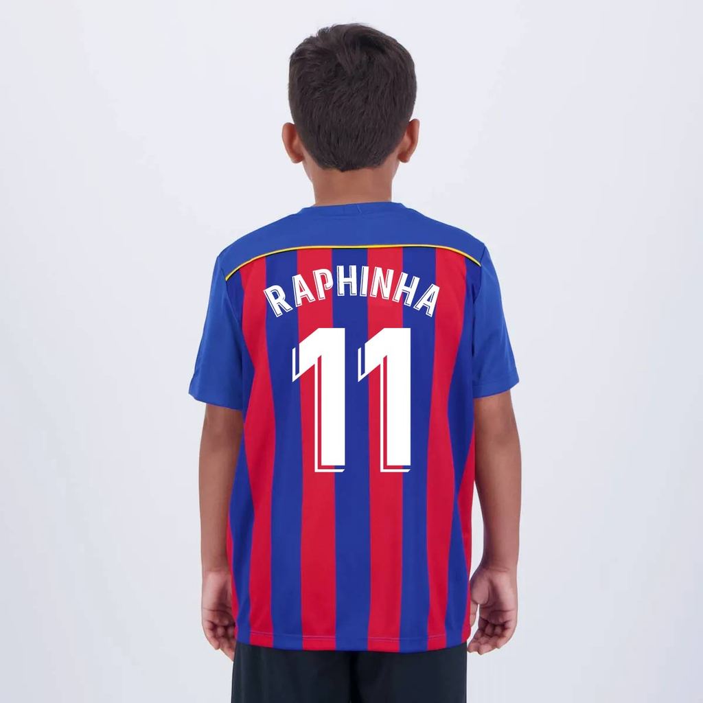 Camisa Barcelona Listrada Juvenil Azul e Vermelha 11 Raphinha