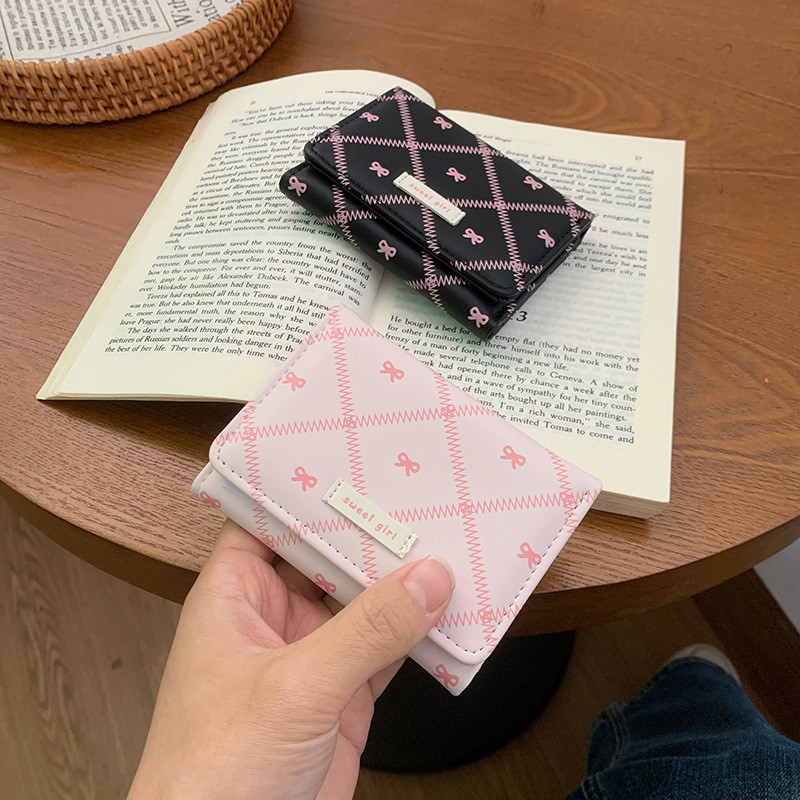 Carteira Com Três Dobras Sweet Bow Para Estudante | Carteiras Femininas Compartimentos Vários Cartões Mini Bolsa Portáti
