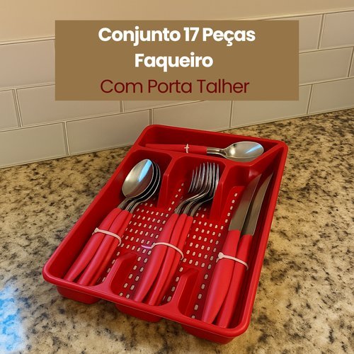 Conjunto Faqueiro 17 Peças Porta Talher Vermelho Lava Louça Inox Requinte