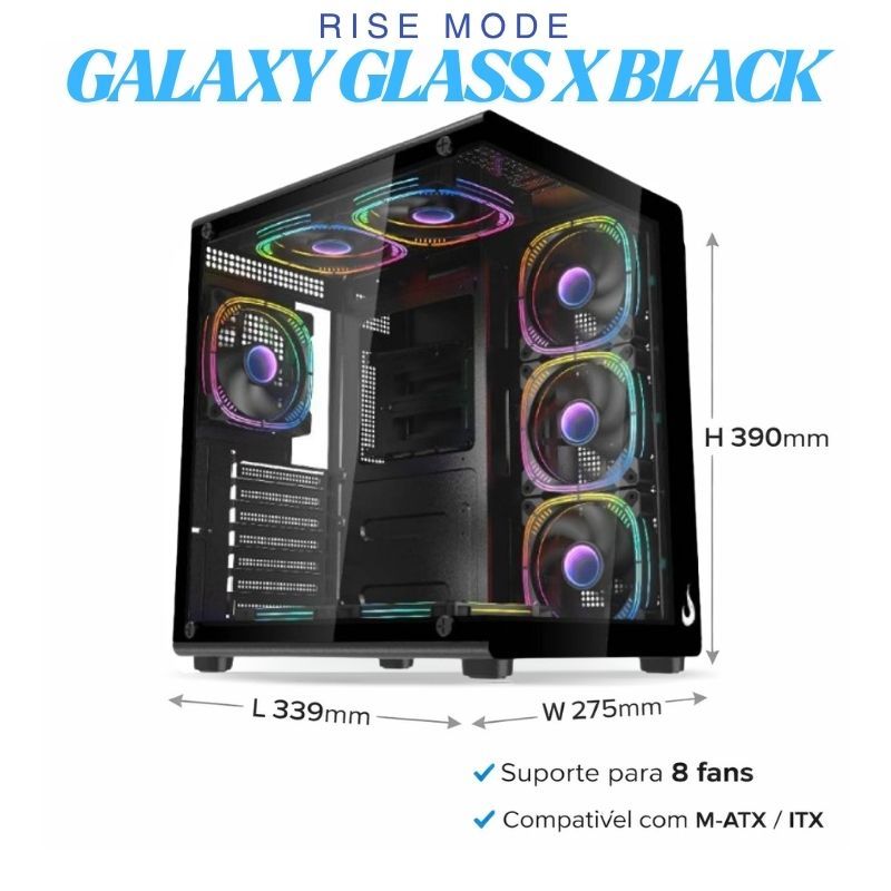 Gabinete Gamer Rise Mode Galaxy Glass X Mid Tower Vidro Temperado USB 3.0 Preto M-ATX ITX S/ Fan