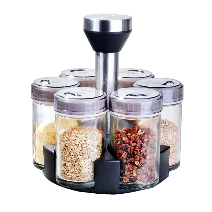 Kit 6 Porta Tempero Condimento Vidro Suporte Giratório Inox Porta Cereais
