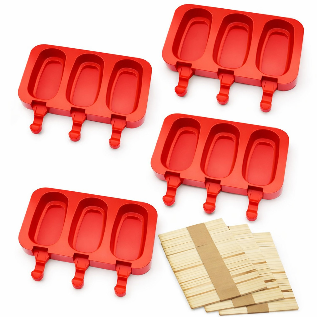 kit 4 Forma de Sorvete Molde de Picolé de Silicone Com Tampa + 200 Palitos