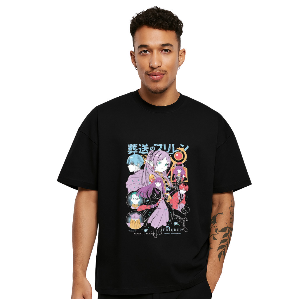 Camiseta Unissex Anime Plus Size 100% Algodão Estampa Frieren Beyond Personagens Icônicos Premium