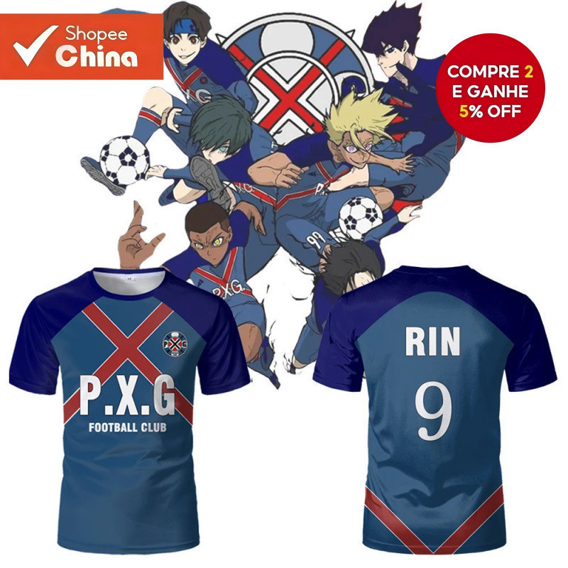 Camisa de Uniforme de Futebol de Anime Japonês Pxg Blue Lock No. 9 Camisetas Casuais de Cosplay Rin Shidou para Homens Z