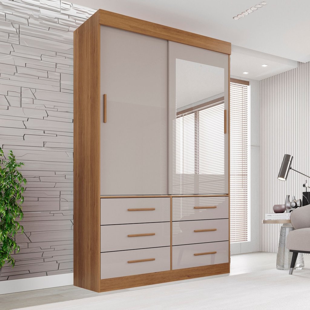 Guarda Roupa Solteiro 2 Portas com Espelho 6 Gavetas Luana  Cinamomo/Off White em Oferta na Shopee