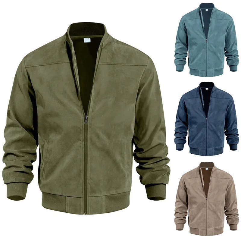 Jaqueta De Couro Bomber De Camurça Retrô Masculina Outono Inverno Streetwear Manga Comprida Casaco Com Zíper Completo Ag