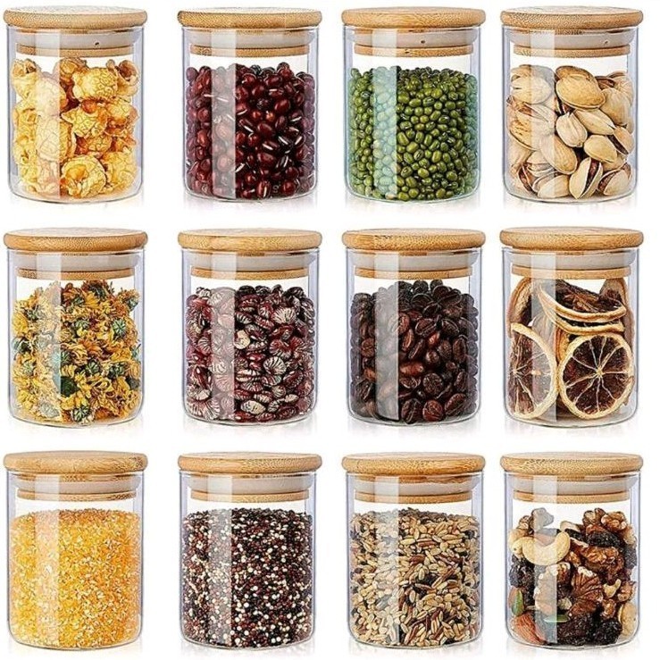 6 Potes de Vidro Hermético com Tampa de Bambu 250ml para Temperos e Alimentos