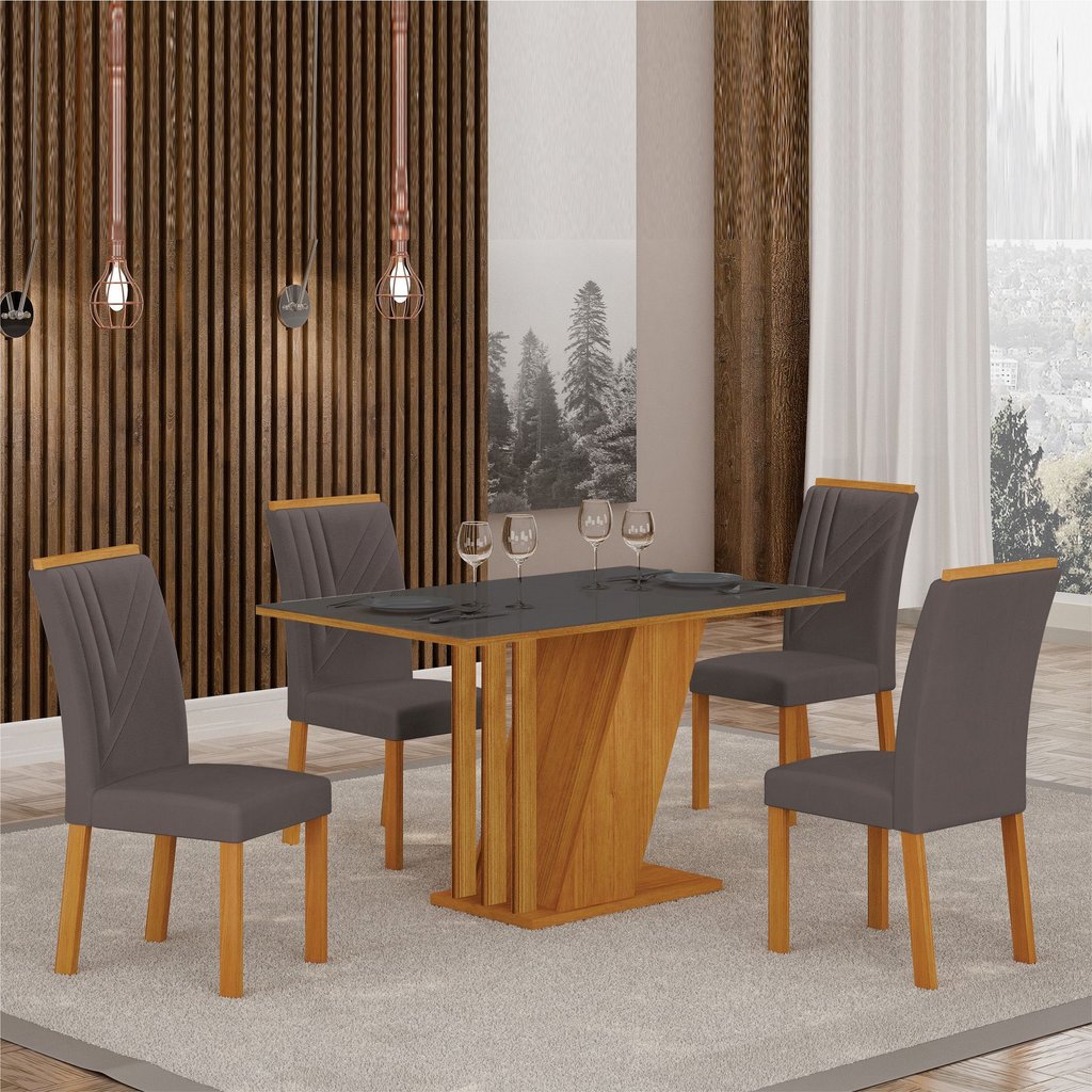 Conjunto Sala de Jantar Mesa Tampo Vidro/MDP com 4 Cadeiras Miami Yescasa Freijó/Chumbo em Oferta na Shopee