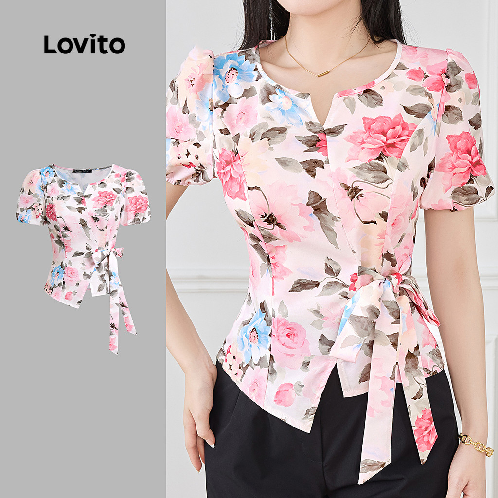 Lovito  Blusa Casual com Amarração Primavera/verão Blusa Rosa para Mulheres L171AD1024 em Oferta na Shopee