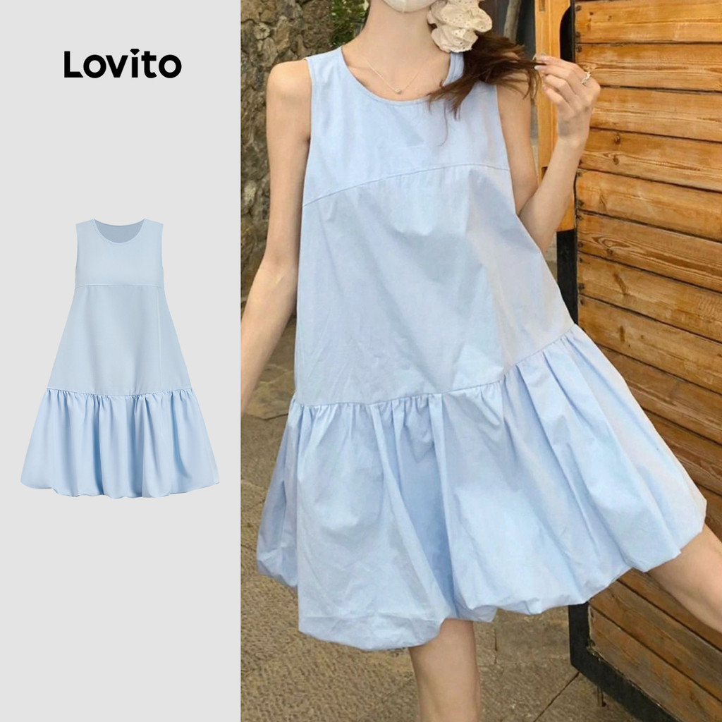 Lovito Vestido Casual Plissado Azul Claro Primavera/verão para Mulheres L164ED1041