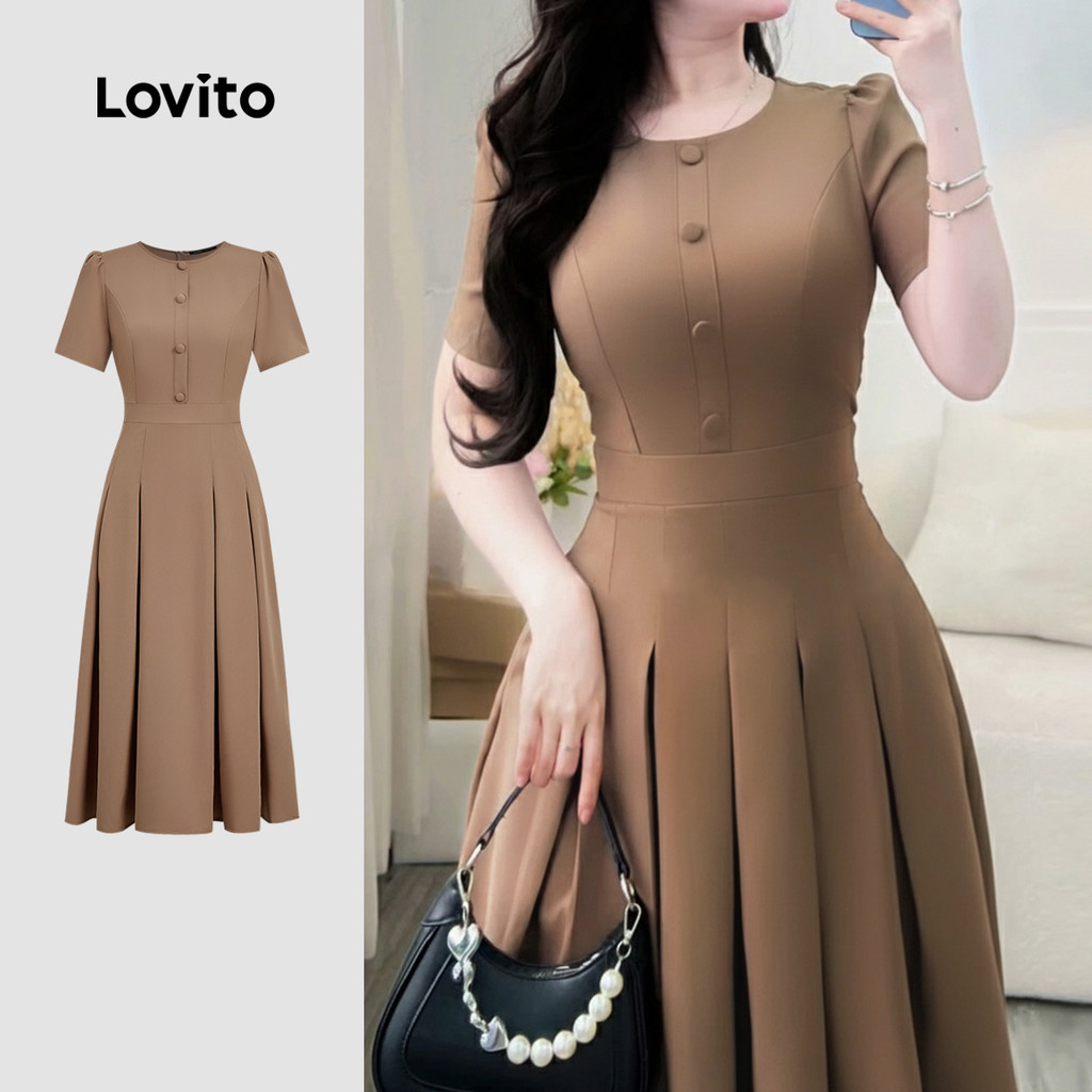 Lovito Vestido Casual Pregueado Botão Primavera/verão Marrom para Mulheres L164ED198 em Oferta na Shopee