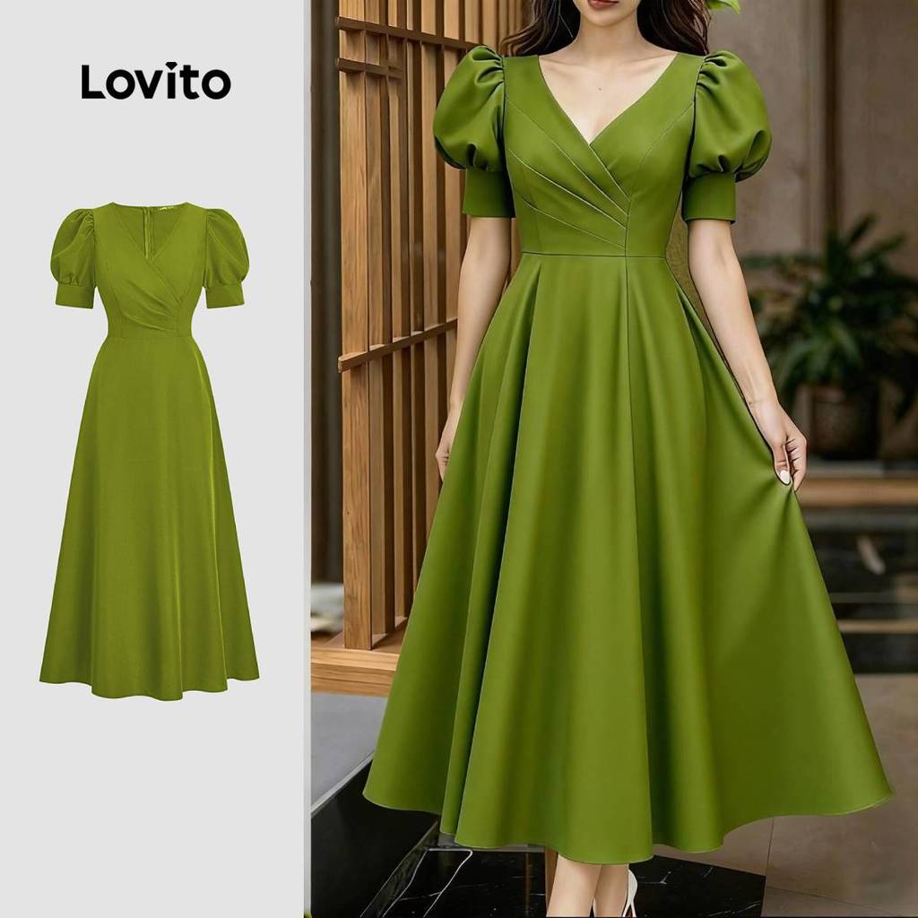 Lovito  Vestido Casual Plissado Primavera/verão Verde para Mulheres L171ED1036 em Oferta na Shopee