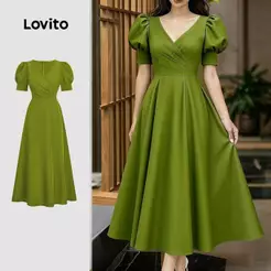 Lovito Elegante Vestido Plissado Primavera/verão Verde para Mulheres L171ED1036
