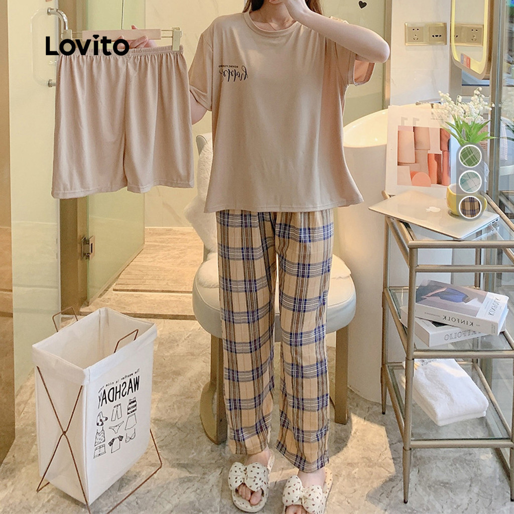 Lovito Conjunto Pijama 3 Peças Algodão Nuvem Desenho Azul Mulheres LNE130166 em Oferta na Shopee