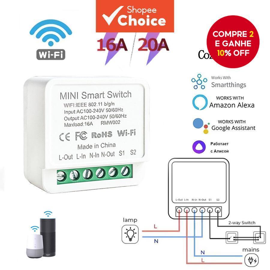 Módulo de Interruptor WiFi Inteligente 16A 20A Relé Disjuntor 2 Vias Controle Remoto via APP AC100-240V Compatível com