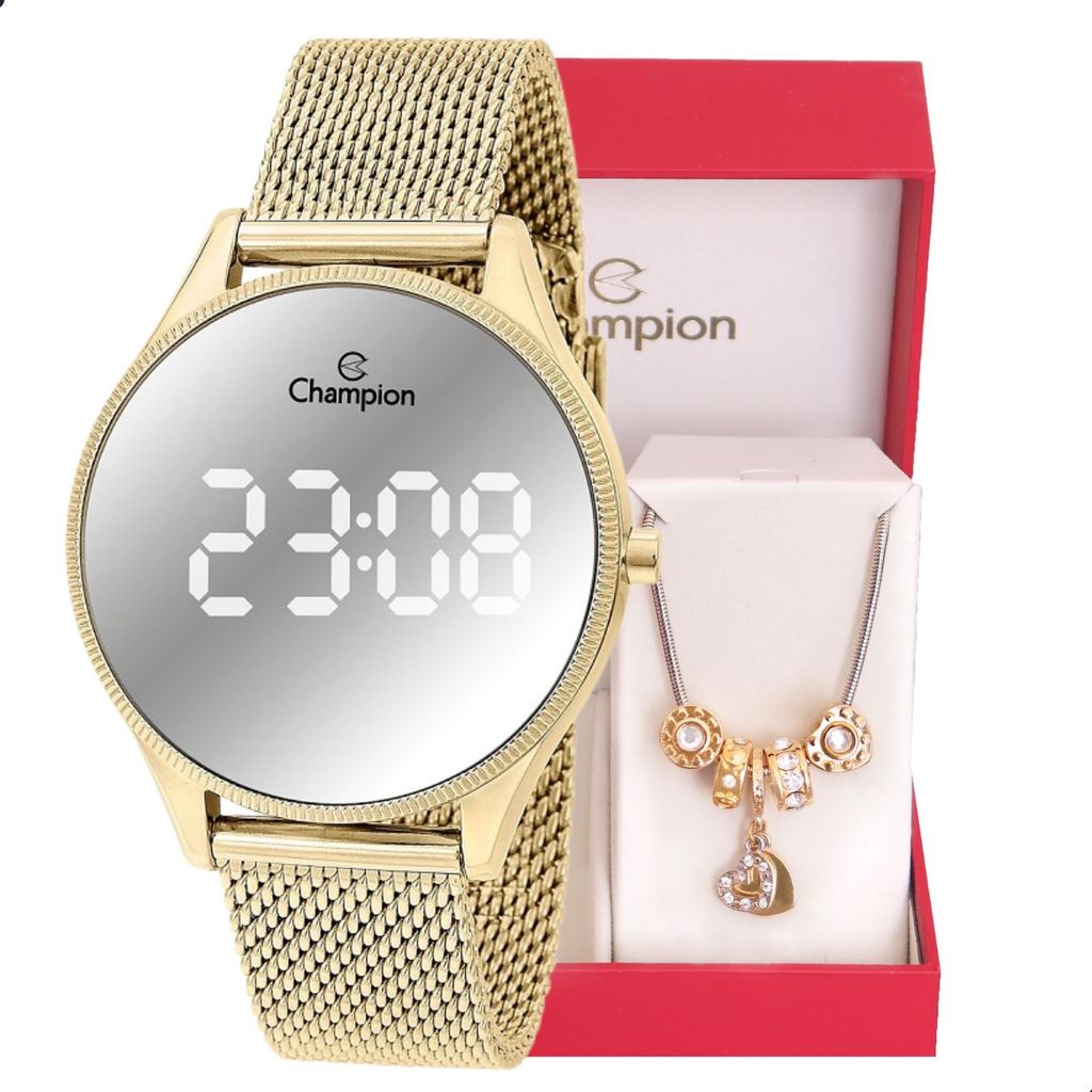 Imagem Relógio Feminino Champion Dourado Espelhado Digital CH40137B + Pulseira Berloques