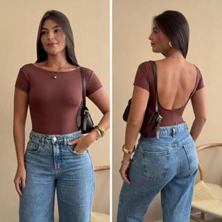 Body Feminino Costa Nua Elegante Gola Redonda Poliamida Suplex Costas Abertas Estiloso Verão em Oferta na Shopee