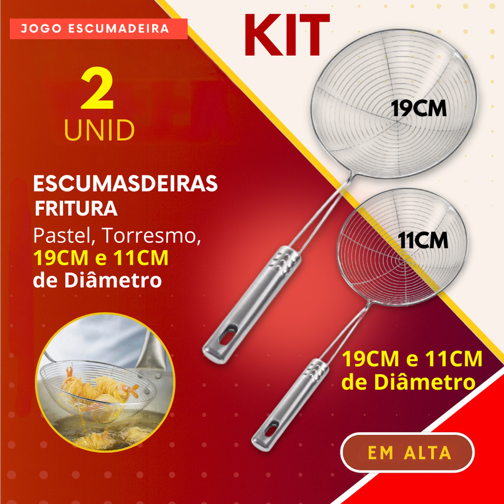 Jogo Escumadeira para Fritura 19 cm e 11 cm Aço Inox para Bar Restaurante Pastel Torresmo Batata