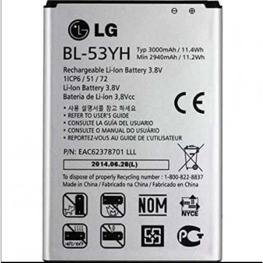 Bateria Para Lg G3 D855 D830 D851 D850 D690 Modelo Bl-53yh Capacidade 2940/3000 mAh
